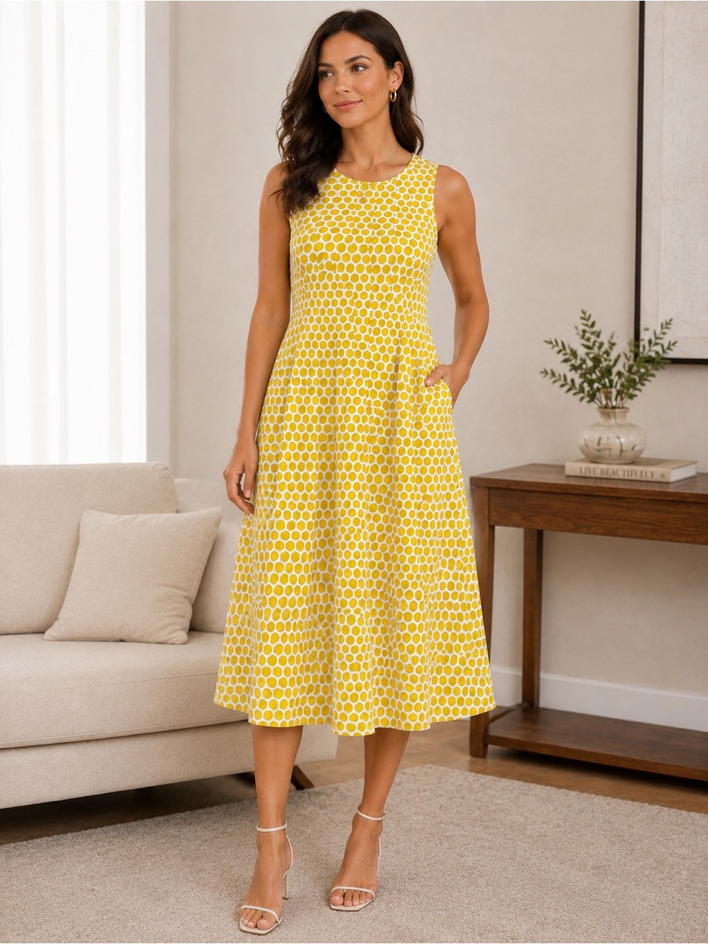 DownEast Yellow Polka Dot Sleeveless A-Line Midi Dress